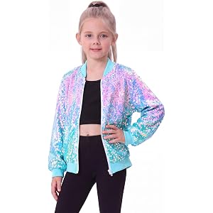 Gnainach Girls Sequin Jacket Sparkly Long Sleeve Zipper Bomber Pockets Coat