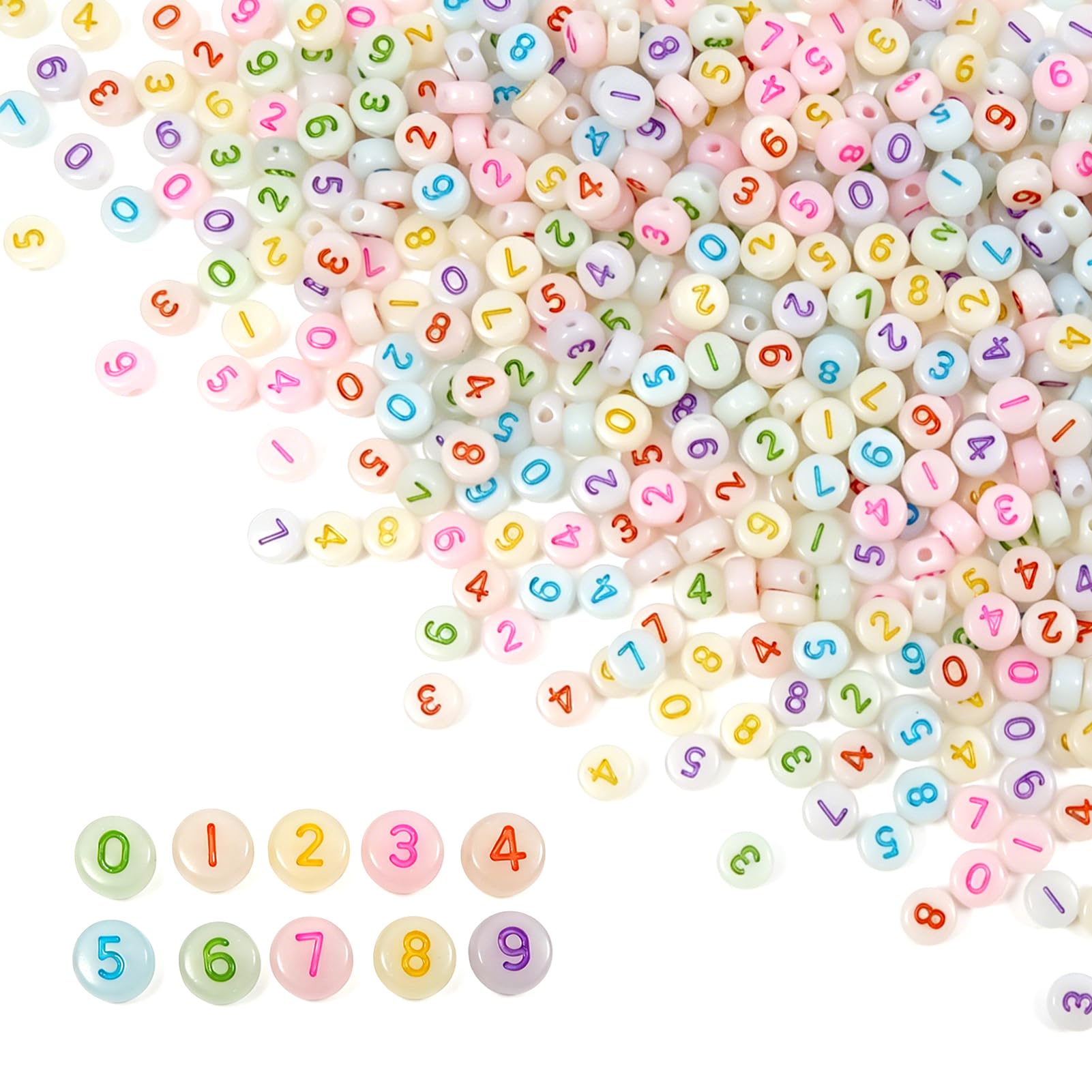 TOAOB 500pcs Number Beads Glow in the Dark Round Colorful 0 to 9 Acrylic Luminous Beads for DIY Bracelets Necklaces Keychains Jewelry Making