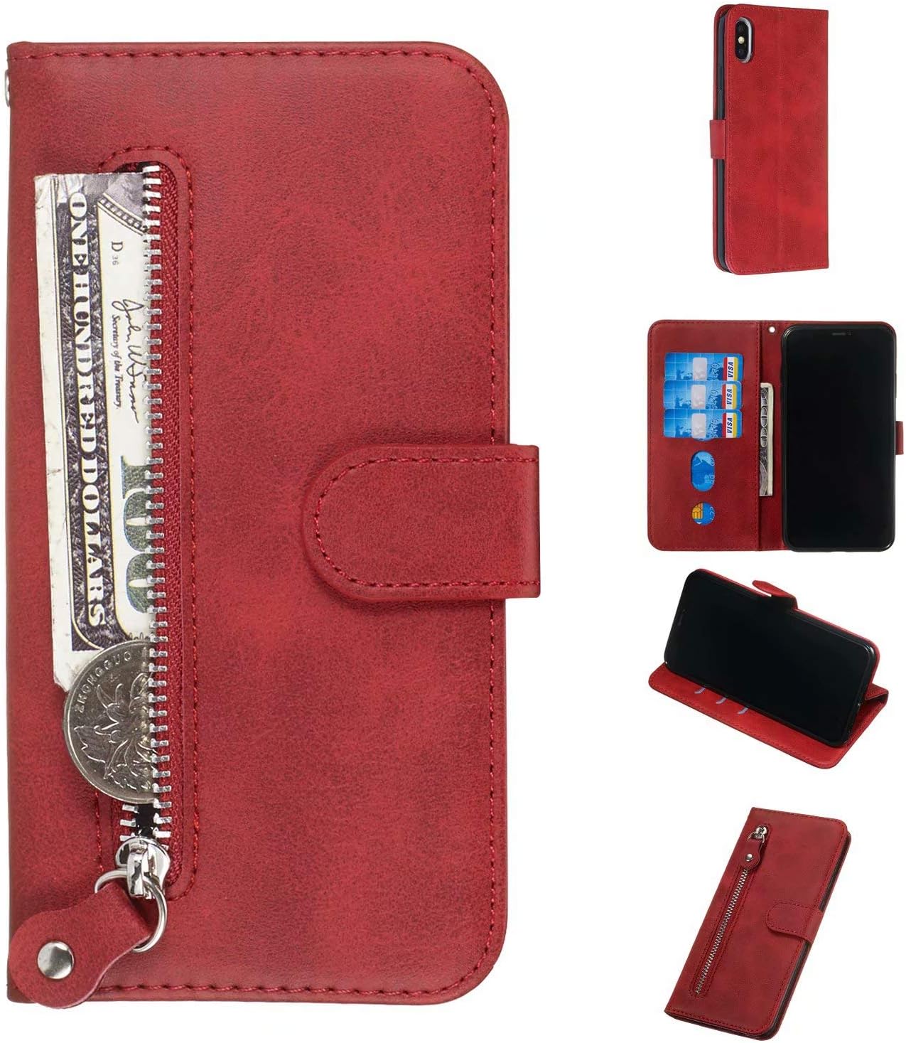Maoerdo Galaxy A20S Wallet Case,[with Zipper Coins] [Send Pen] 3D Calf Stripe Premium PU Leather Folio Wallet Case Cover Built-in Card Slots for Samsung Galaxy A20S - Red