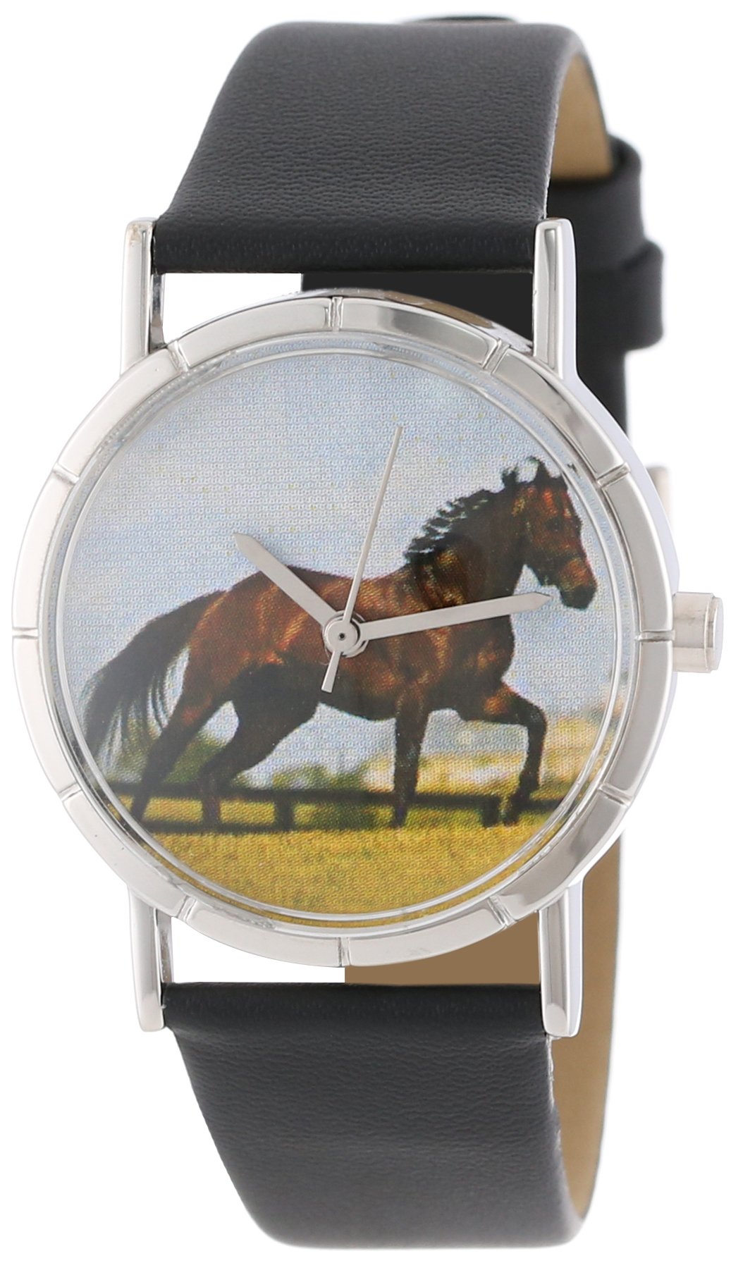 Whimsical Watches Thoroughbred Horse Black Leather and Silvertone Photo Unisex Quartz Watch with White Dial Analogue Display and Multicolour Leather Strap R-0110032