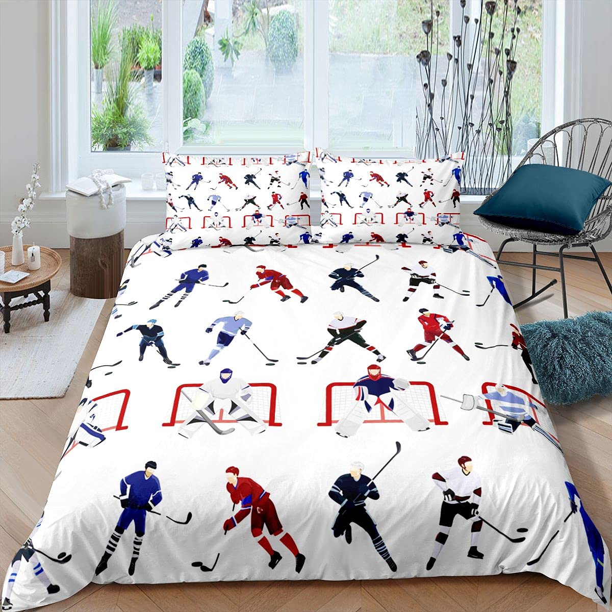 Loussiesd Ice Hockey Bedding Duvet Cover Set Kids Sports Event Bedding Set Hockey Player Bedding & Linen for Boys Bedspread Cover Single With 1 Pillow Case