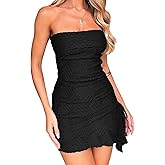 Lingt Chic Women's Strapless Ruched Drawstring Slit Mini Dress Solid Color Bodycon Tube Dress for Party & Night Out
