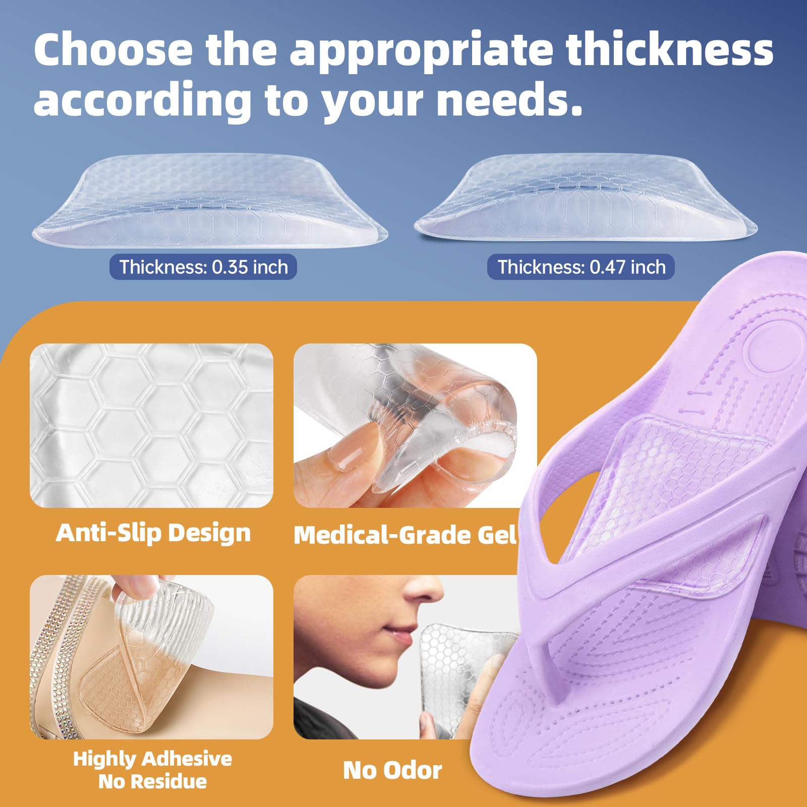 Arch Support Inserts Women for Flat Feet, Gel Arch Inserts for Plantar Fasciitis Relief, Non-Slip Arch Support Pads, Two-Option of Different Heights (High-Clear)