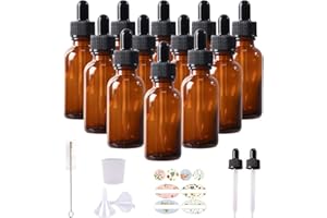 HWASHIN 12 Pack 1oz Amber Glass Bottles with Glass Eye Droppers for Essential Oils, Perfumes & Lab Chemicals (1 Brush, 2 Funn