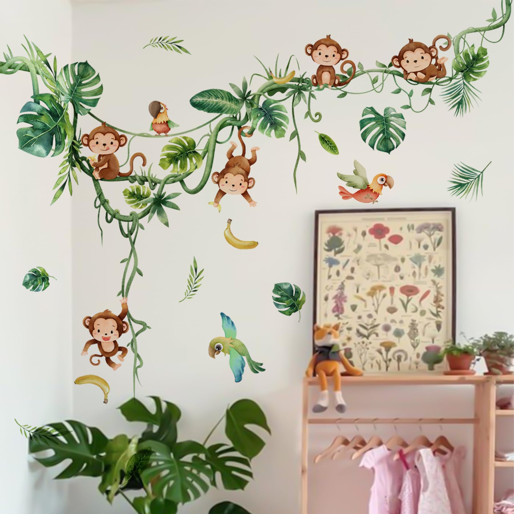 Monkey Wall Stickers for Kids Bedroom, Watercolor Jungle Vine Wall Decals with Monkeys, Parrots & Tropical Leaves, Peel and Stick Wall Art for Nursery Playroom, Vinyl Stickers in Gift Box