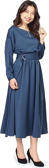 モードアラカルト ブラウジング ロングワンピース ワンピース 長袖 ベルト付き ミモレ丈 ロング 袖あり ブラウジングワンピース ネイビー L ワンピース チュニック 通販 Amazon