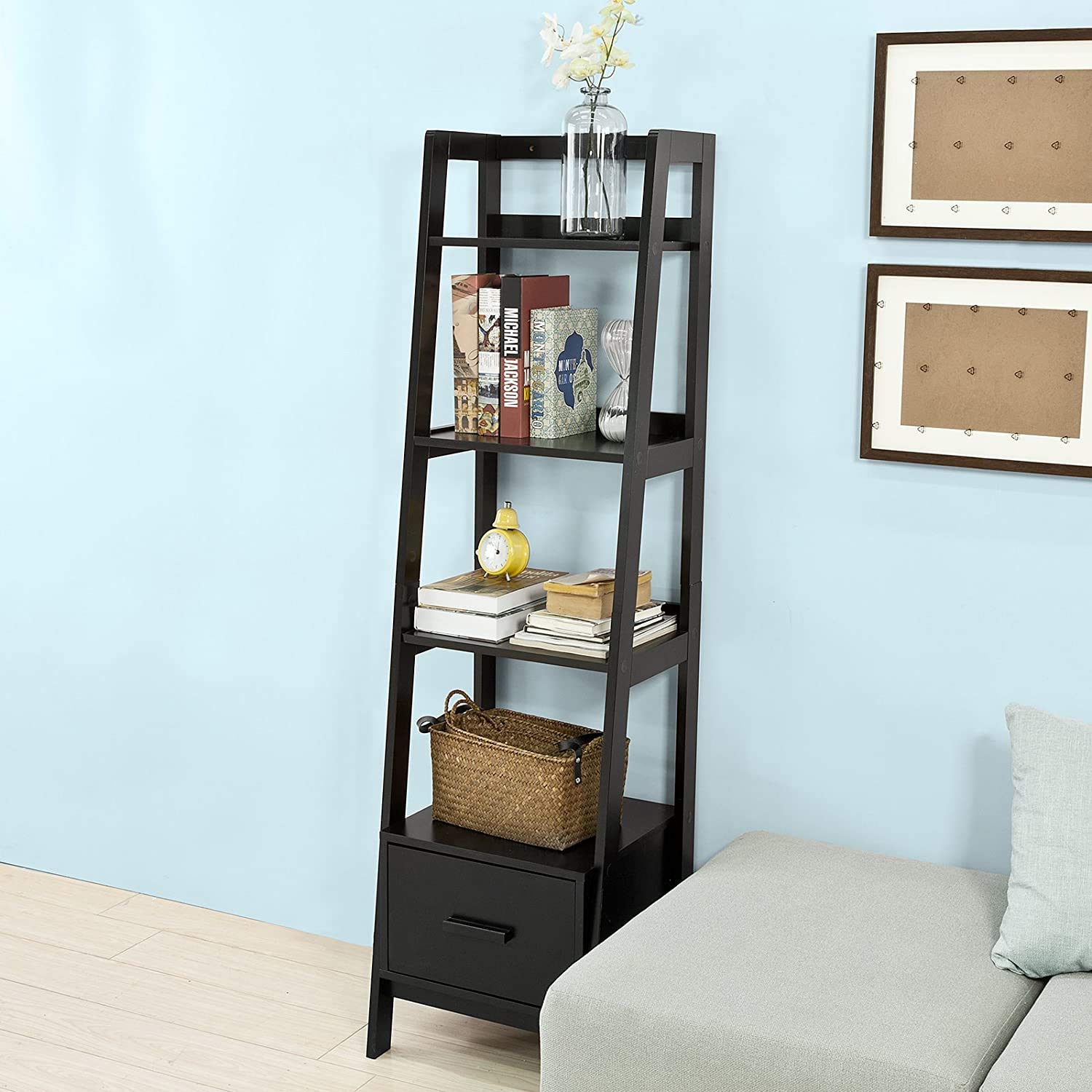 Aart Black Storage Display Shelving Ladder Shelf Bookcase With Drawer And 4 Shelves Bathroom Cabinet Amazon In Home Kitchen