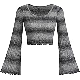 OYOANGLE Girl's Striped Print Long Flare Sleeve Scoop Neck Lettuce Trim Ribbed Knit Crop Tee Tops
