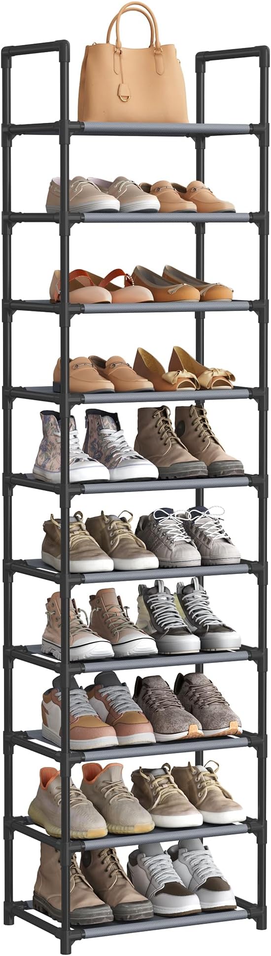 SONGMICS 10-Tier Shoe Rack Grey LSH010G01 173 cm Metal Frame Non-Woven Shelves