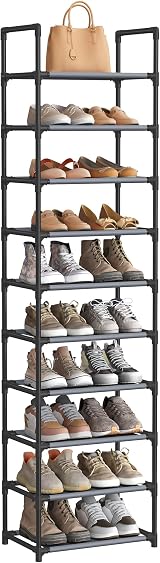 SONGMICS 10-Tier Shoe Rack Grey LSH010G01 173 cm Metal Frame Non-Woven Shelves