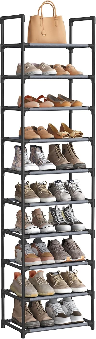 SONGMICS 10-Tier Shoe Rack Grey LSH010G01 173 cm Metal Frame Non-Woven Shelves