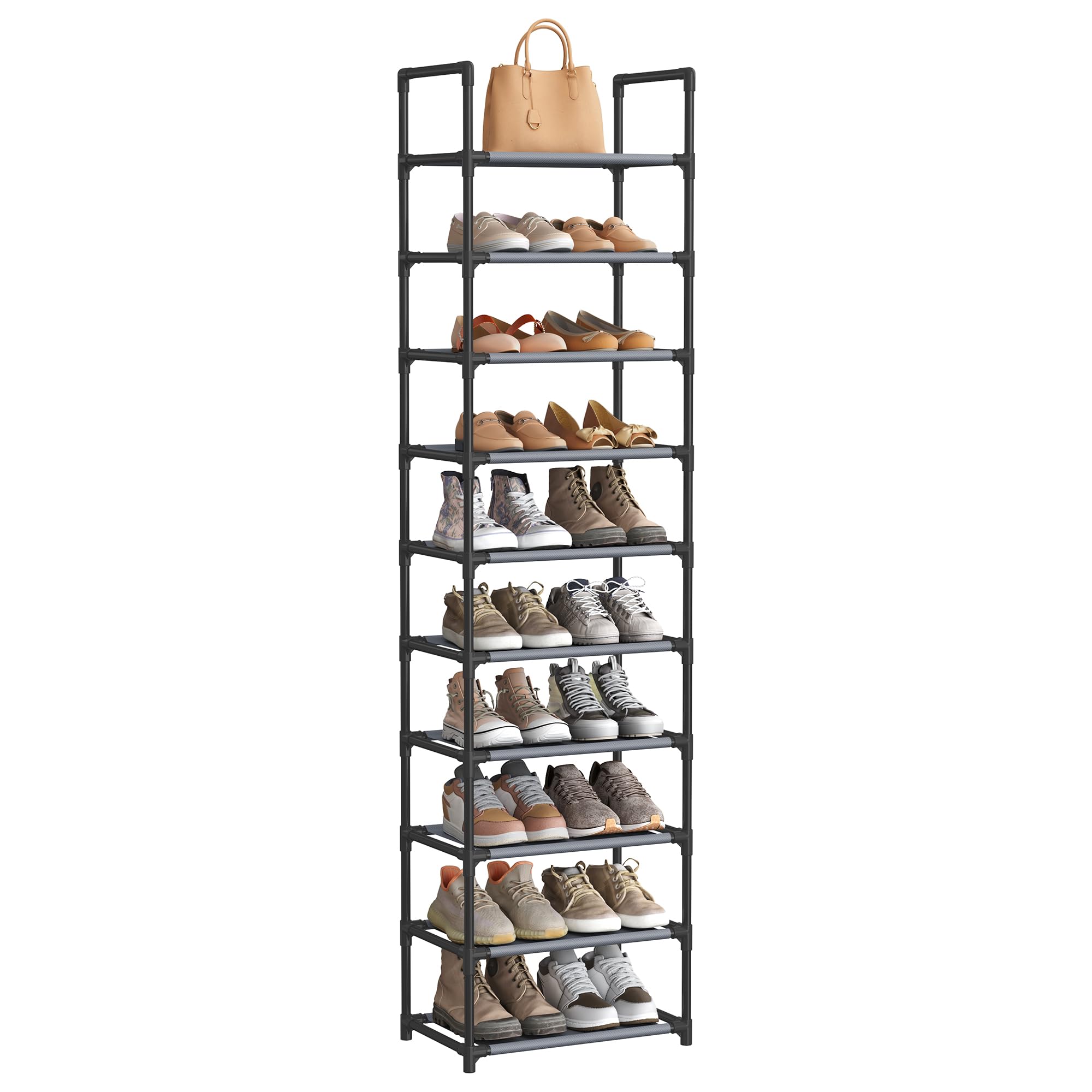 SONGMICS 10-Tier Shoe Rack, Shoe Stand, Space-Saving Shoe Storage, 45 x 28 x 173 cm, Metal Frame, Non-Woven Fabric Shelves, for Hallway, Bedroom, Grey LSH010G01
