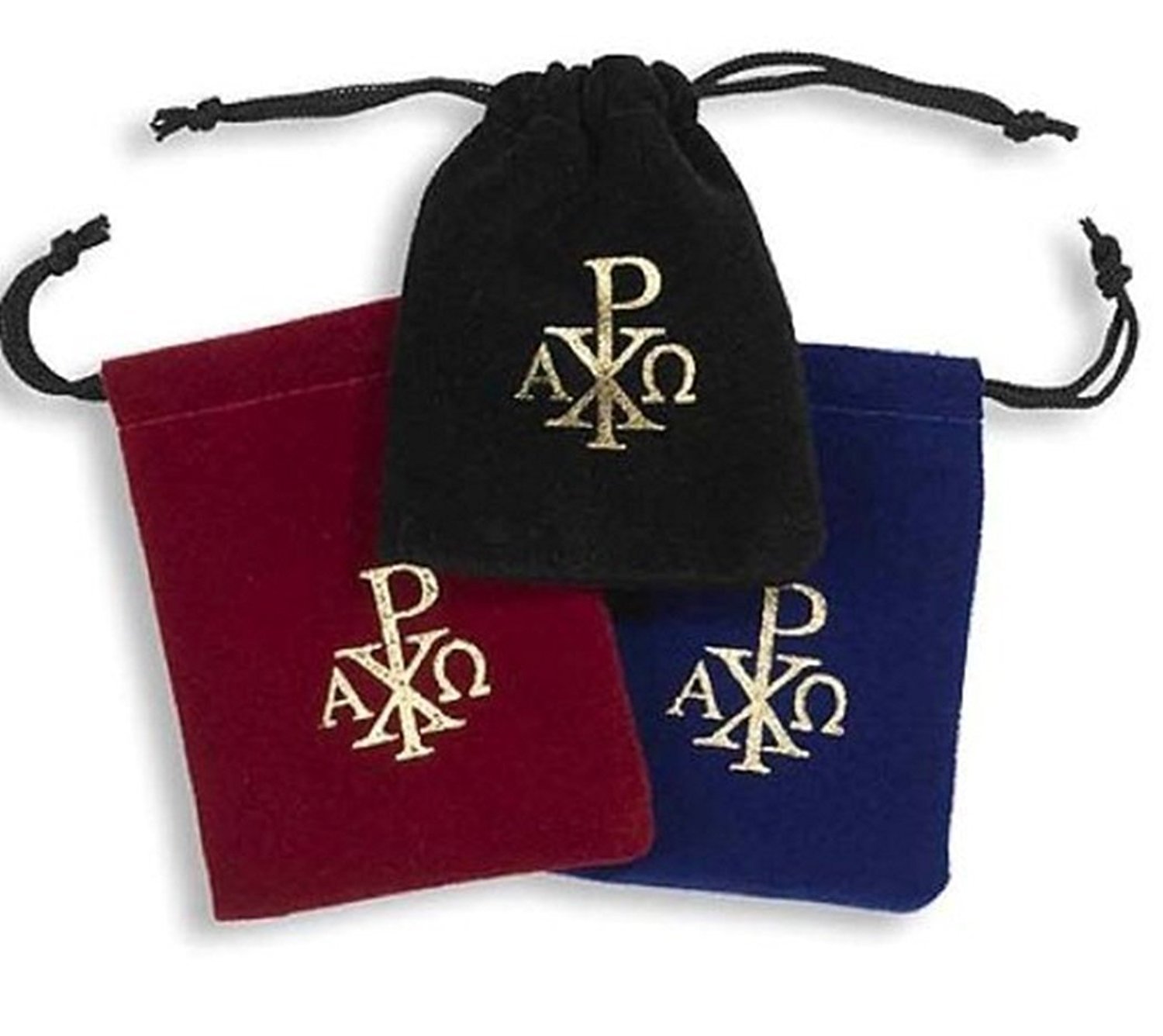 Velvet Drawstring Rosary Bag with Chi Rho Cross Design, Assorted Colors, Set of 3 by Religious Gifts