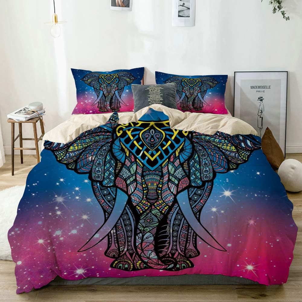 DAOPUDA Decorative Duvet Cover,Mandala Elephant Asian Oriental Motifs Blue Purple Sky Stars Galaxy Animal Colors,Bedroom Hotel Dorm Bedding Set with 2 Pillow Shams (Twin/68"x86")