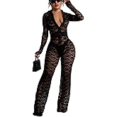 SxClub Clubwear Sexy Jumpsuit for Women Bodycon Long Sleeve See Through Long Skinny Pants for Evening Party