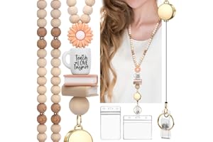 YAVVOZH Teacher Lanyard with Id Holder, Retractable Lanyards for Id Badges Keys, Cute Natural Wooden Beaded Lanyard for Women
