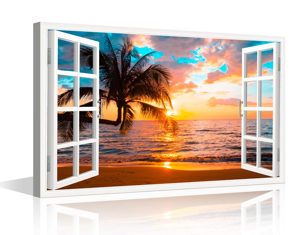 TISHIRON 3D Window Effect Coconut Palm Trees Beach Sunset Canvas Wall Art Painting for Bedroom Living Room Modern Framed Artworks Decorative Bathroom Kitchen Home Decor 16x24 inch — image 1