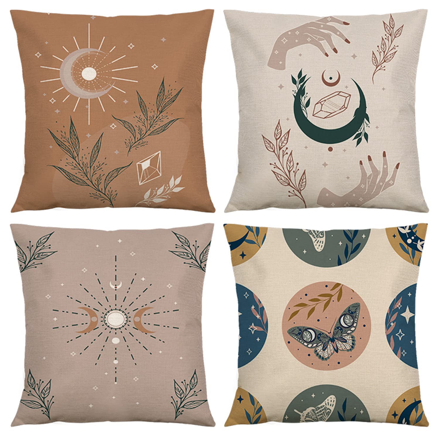 Photo 1 of RinRinfam Boho Abstract Throw Pillow Covers 18x18 Set of 4, Sun and Moon Phase Moth Butterfly Crystal Hand Linen Square Pillow Cushion Cases, Modern Home Decor