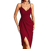Missufe Women's Wrap V Neck Sleeveless Spaghetti Strap Ruched Bodycon Midi Slit Summer Party Cocktail Dress