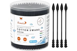 HOMEFOX Black Cotton Swabs Spiral Pointed - 200 Count Organic Cotton Buds Charcoal Gothic Double Side Tightly Wrapped Precision Cotton Tips Paper Stick Soft Gentle Lint-Free, Spiral & Pointy (Black)