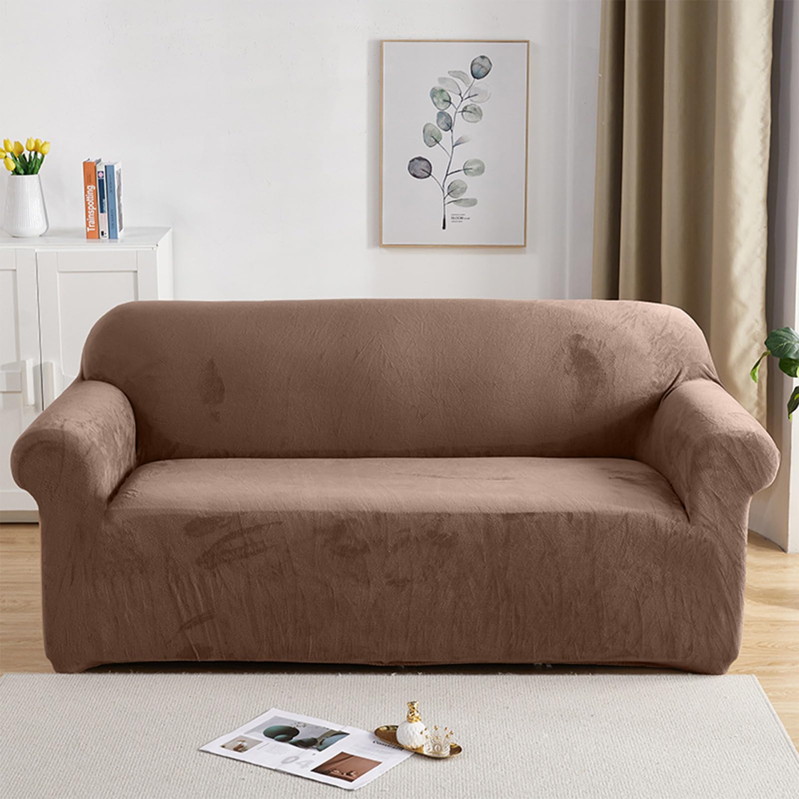 PETCUTE Elastic armchair covers thick couch cover sofa slipcovers velvet strethcy armchair cover Camel