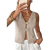 Floerns Women's Floral Metal Button Sweater Vest Sleeveless V Neck Knit Pullover Tops