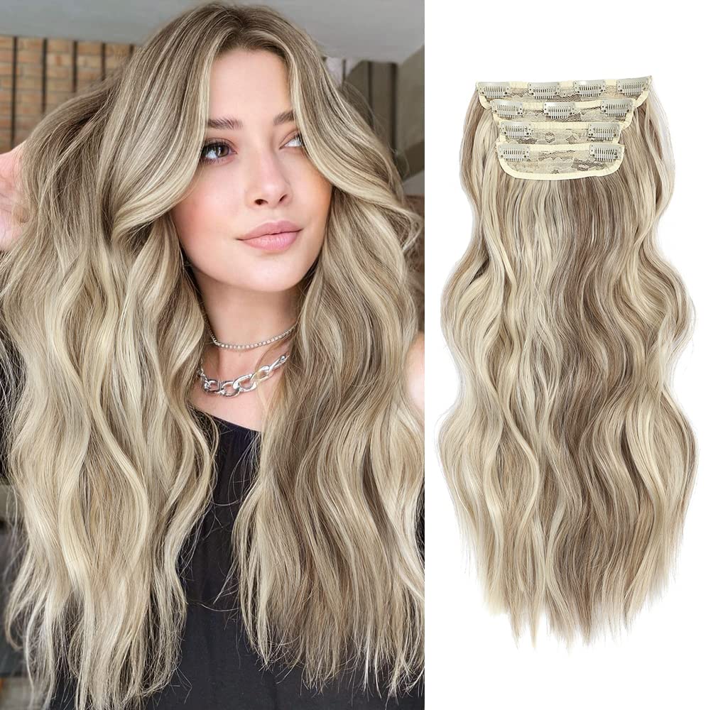 Fine Plus Hair Extensions Clip in 4PCS Sandy Blonde with White Highlights 20Inch Hair Extension Long Wavy Full Head Clip in Hair Extensions Synthetic Fiber Hair Pieces for Women