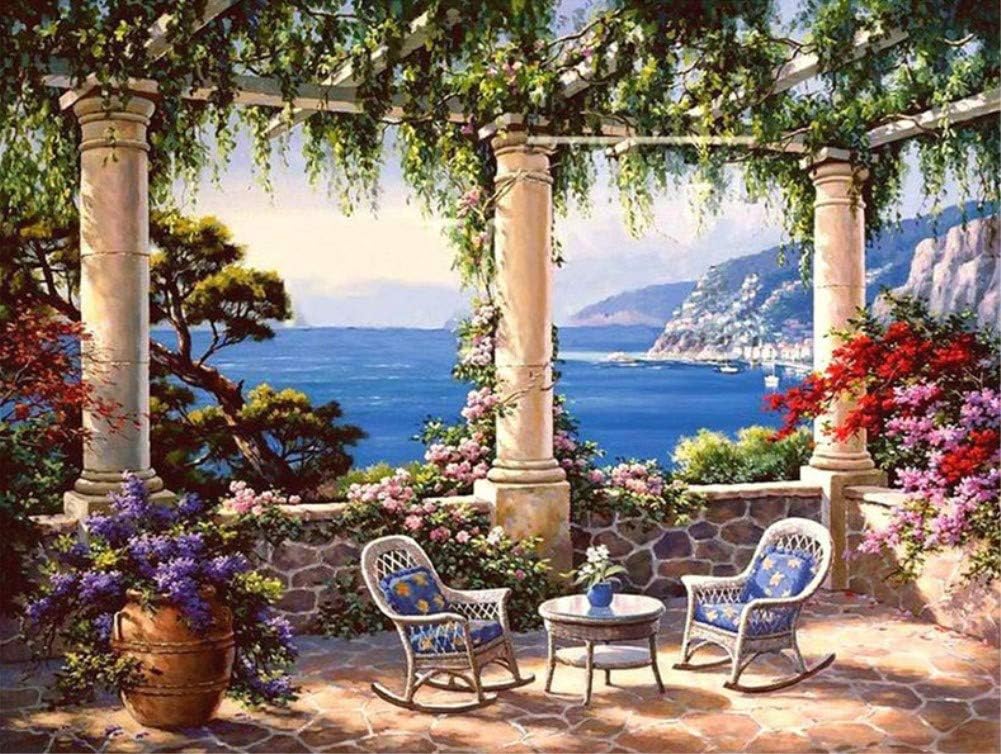 ABEUTY DIY Paint by Numbers for Adults Children Seaside Garden Chair 16x20 inches Number Painting Art Therapy