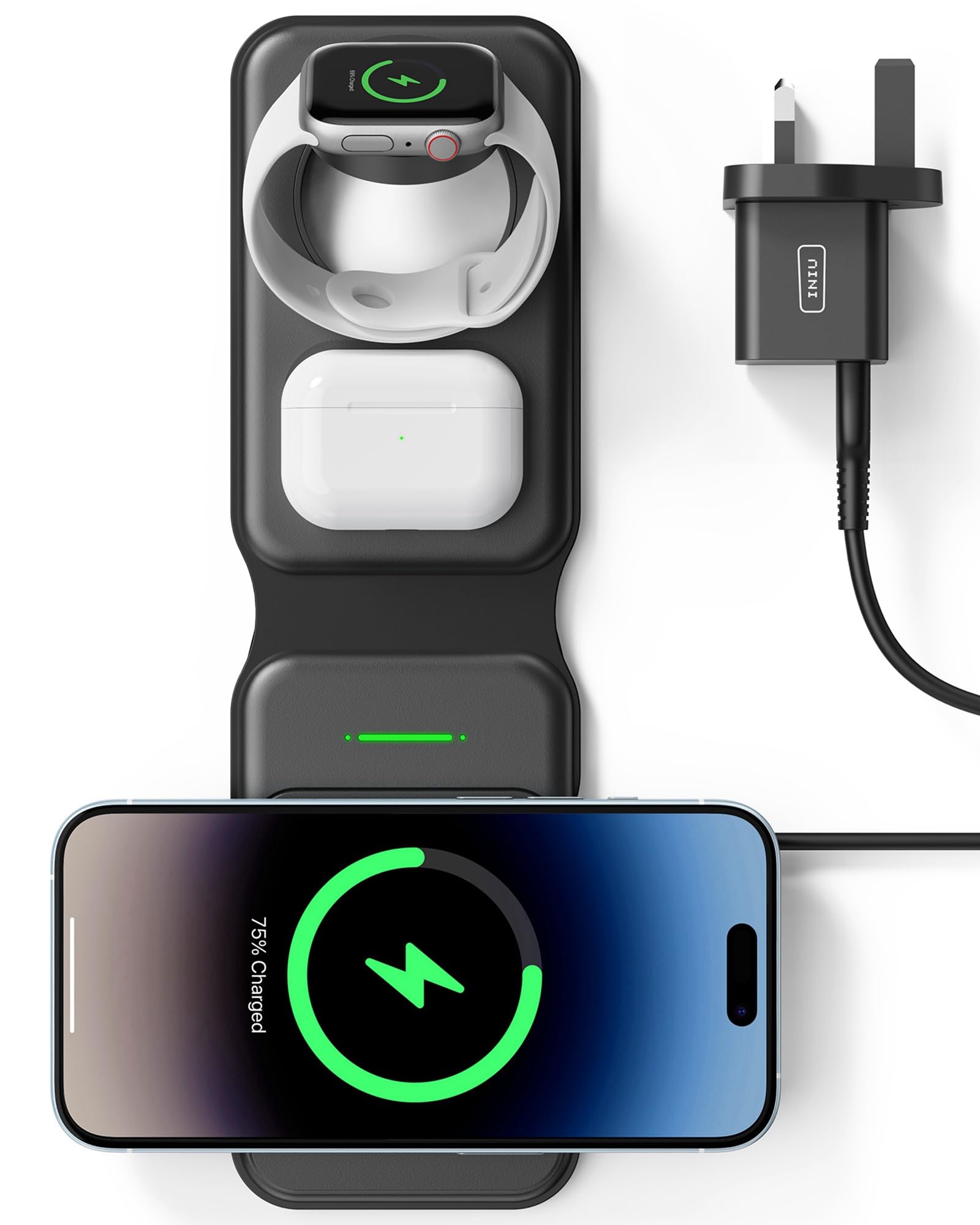 INIU Wireless Charger, 3 in 1 Wireless Charging Station Magsafe Charger, Qi Certificate Multi Charger Stand Travel Friendly for iPhone 16/15/14/13/12 Pro Max Apple Watch Ultra AirPods 4 3 Pro etc.