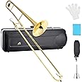 EASTROCK Bb Tenor Slide Trombone, B Flat Brass Plated Trombone Instrument for Beginners Students with Hard Case, with Mouthpiece, White Gloves (12.5mm/200 mm), Golden