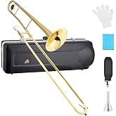EASTROCK Bb Tenor Slide Trombone, B Flat Brass Plated Trombone Instrument for Beginners Students with Hard Case, with Mouthpiece, White Gloves (12.5mm/200 mm), Golden