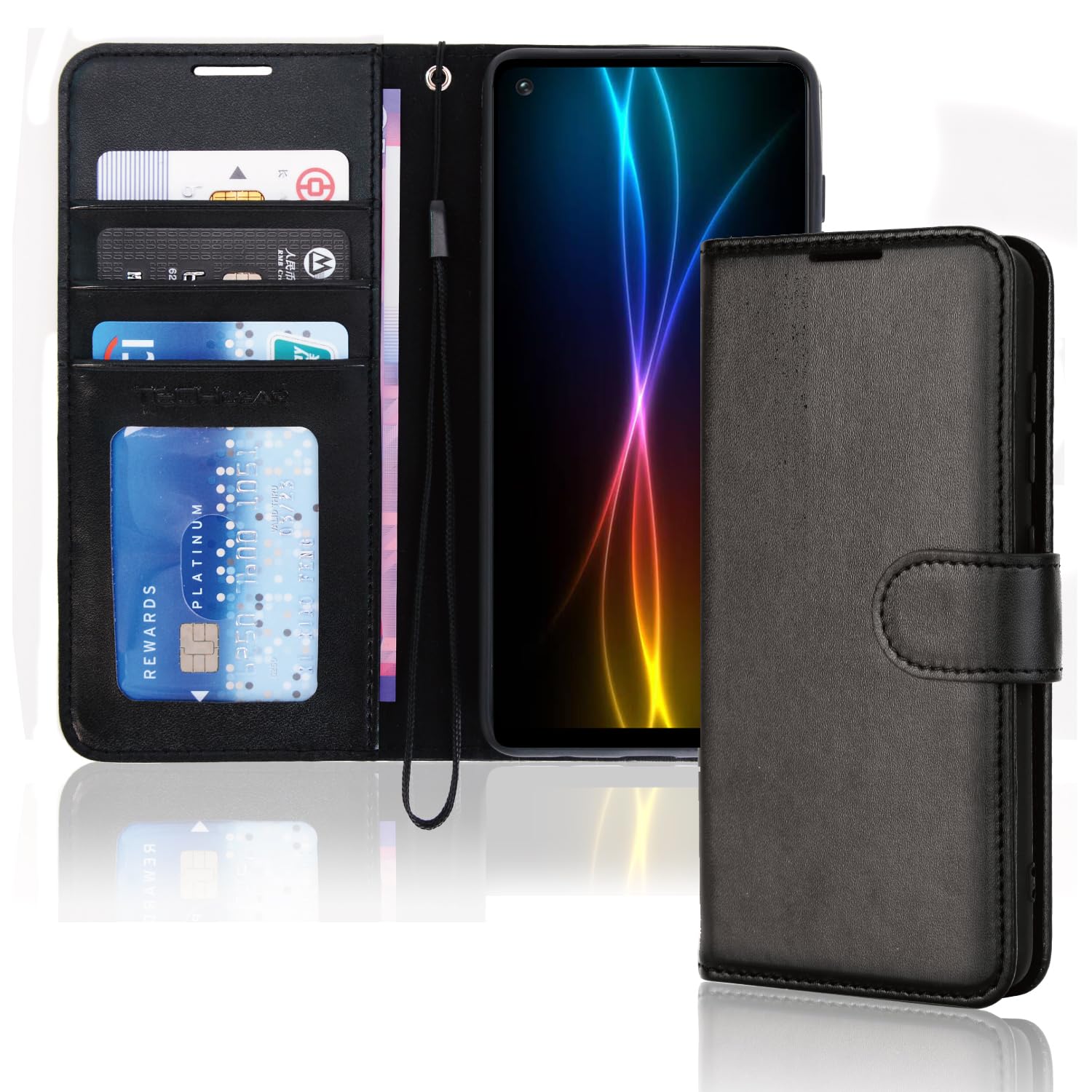 TECHGEAR Galaxy A21s Leather Wallet Case, Flip Protective Case Cover with Wallet Card Holder, Stand and Wrist Strap - Black PU Leather with Magnetic Closure Designed For Samsung Galaxy A21s