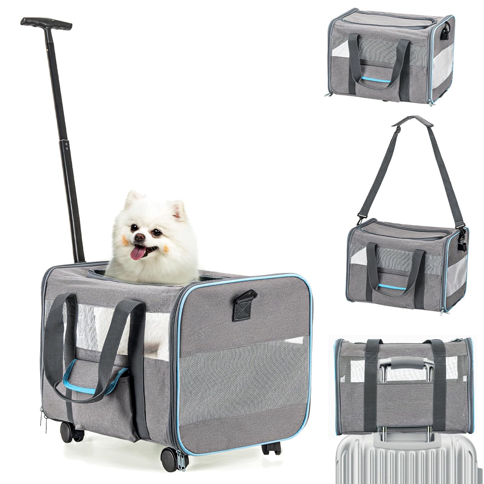UNICITII Pet Carrier for Small Dog Cat, Airline Approved Dog Carrier with Wheels Soft Sided Rolling Crate Cat Travel Bag up to 20 Lbs Pet Strollers for Small Pets (Grey-with Wheels)