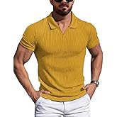 YTD Men's Muscle V Neck Polo Shirts Slim Fit Solid Short Sleeve Golf T-Shirts Ribbed Knit Soft Tees