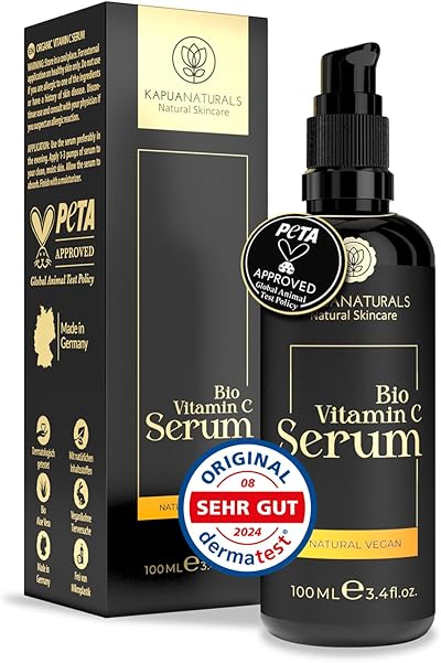 BIO Vitamin C Serum • 100ml +Hyaluron +Vitamin E +Panthenol ✓ 100% Vegan & BIO ✓ 6-Fach Vitamin C Serum Gesicht ✓hochdosiertes & verkapseltes Vitamin C für reine Haut ✓ Naturkosmetik Made in Germany
