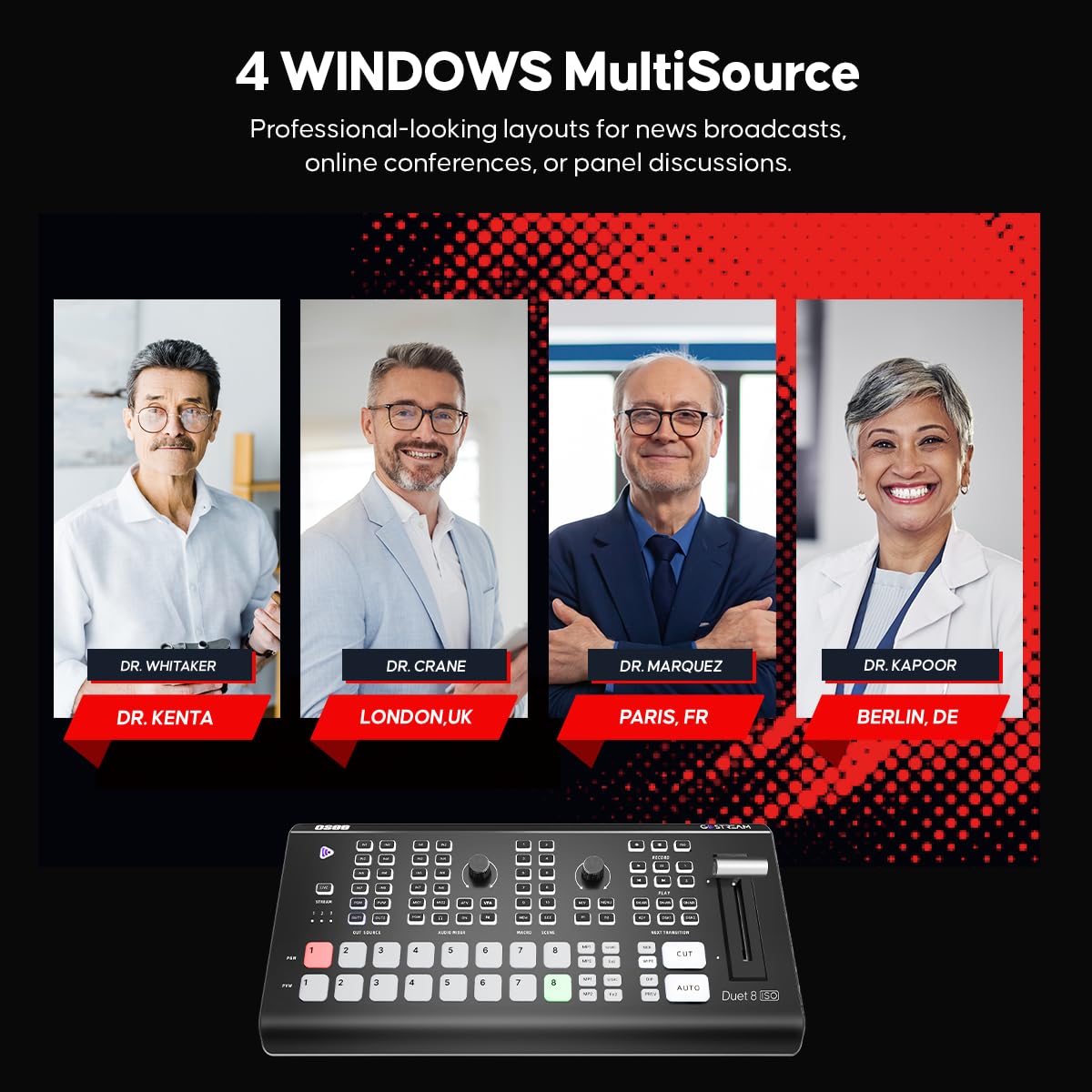Osee GoStream Duet 8 ISO 8 Channels Video Mixer Switcher with 4 SDI & 4K-HDMI, 4 NDI HX/ 4 SRT/ 4 RTMP/ 2 Webcam/ 2 XLR Audio, 8 Layouts Isolated Recording, Podcast Unit for YouTube, Facebook 4