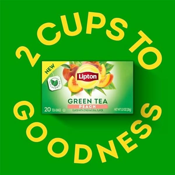 LIPTON PEACH GREEN TEA BAGS, FLAVORED, UNSWEETENED TEABAGS FOR HOT TEA OR PEACH ICED TEA WITH CAFFEINE AND FLAVONOIDS, 20 TOTAL TEA BAGS