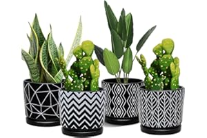 Ton Sin Flower Pots,5.5 Inch Black Ceramic Planter with Drainage Hole,Indoor Cylinder Plant Pots with Saucer,Cactus Succulent Outdoor Garden Pots Set of 4