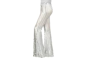 Nawgut Sequin Flare Pants Sparkly Glitter Bell Bottom High Waisted Hollow Trousers Party Clubwear for Women