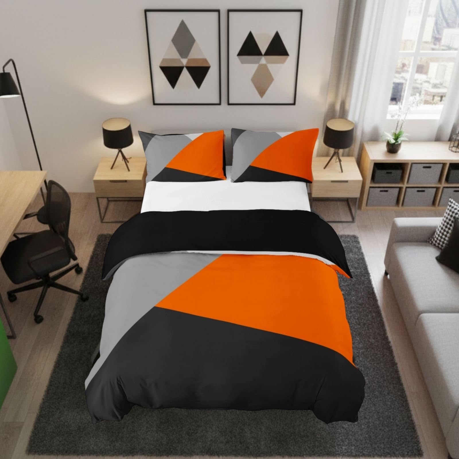 Homewish Orange And Gray Duvet Cover King Patchwork Geometric Triangle Bedding Set Orange Black Light Grey Comforter Cover For Kids Adults Modern Simple Abstract Bed Set,2 Pillow Cases — image 1