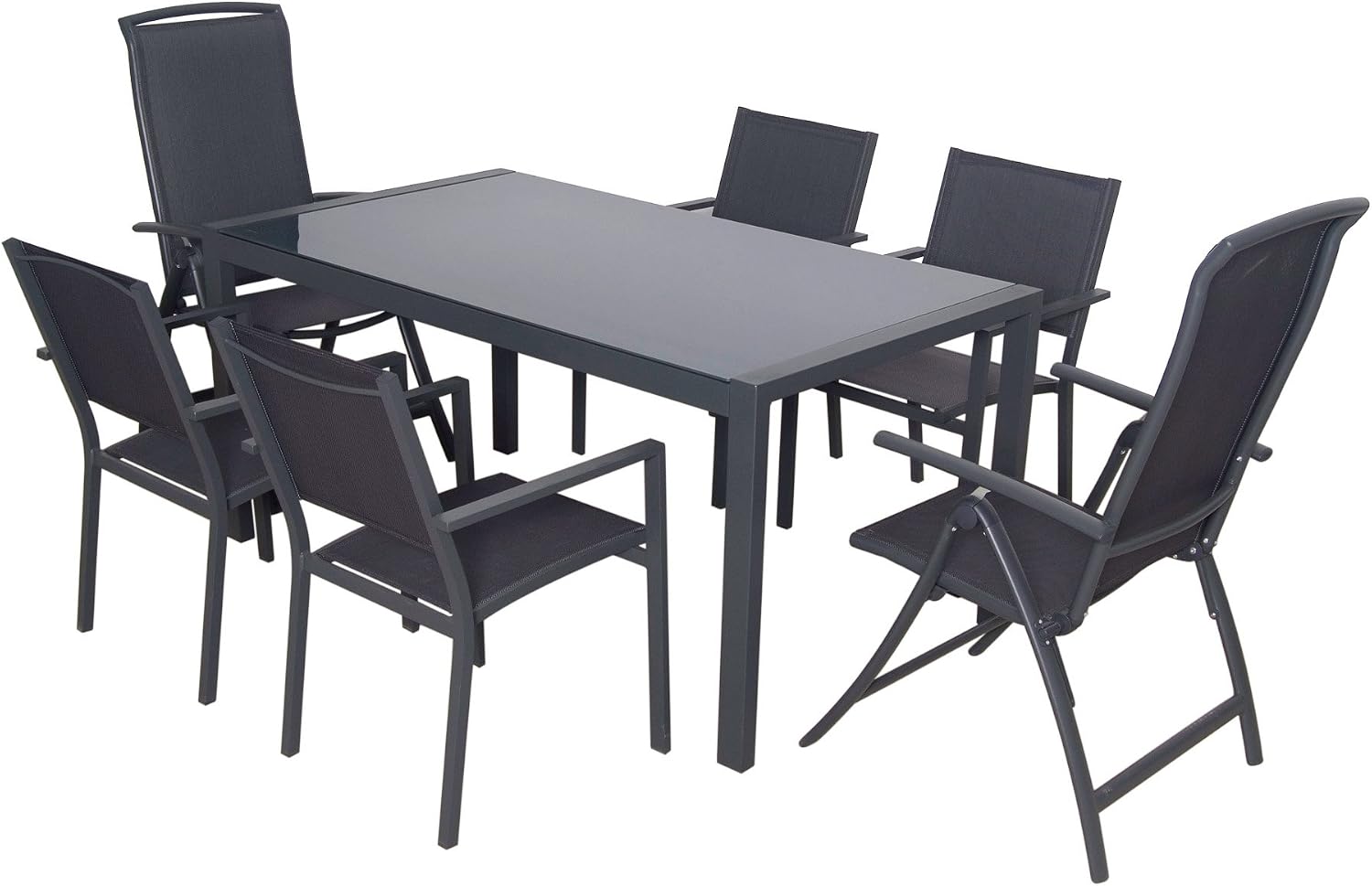 Domi 7 Piece Palma Outdoor Patio Dining Set Aluminium Textilene Garden Furniture With 1 Rectangular Modern Glass Table 4 Stacking Chairs And 2 Folding Chairs Amazon Co Uk Garden Outdoors