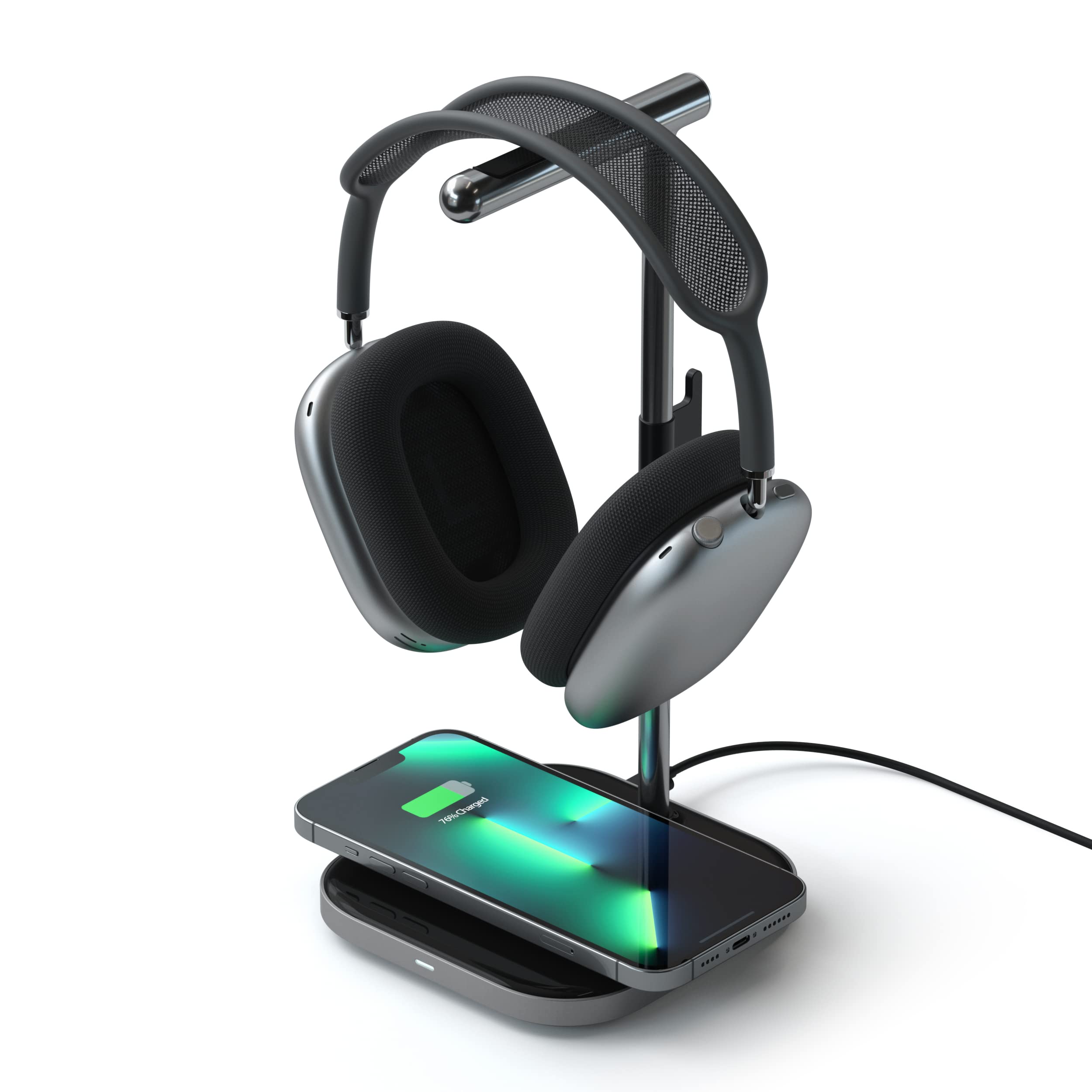 SATECHI 2-in-1 Headphone Stand with Wireless Charger – USB Type-C Output Port and Magnetic Wireless Charger – for iPhone 17 to 12 Series, Airpods Pro, and Other Qi-Enabled Devices
