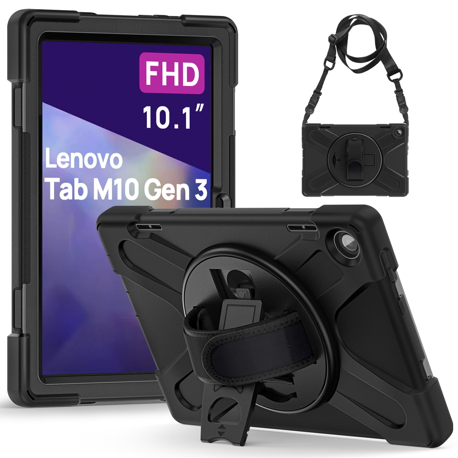Gerutek Lenovo Tab M10 3rd Gen 10.1 Inch 2022 (TB-328FU/TB-328XU) Shockproof Rugged Case with 360 Rotating Stand/Hand Strap, Shoulder Strap Protective Case for Lenovo Tablet M10 3rd,Black — image 1
