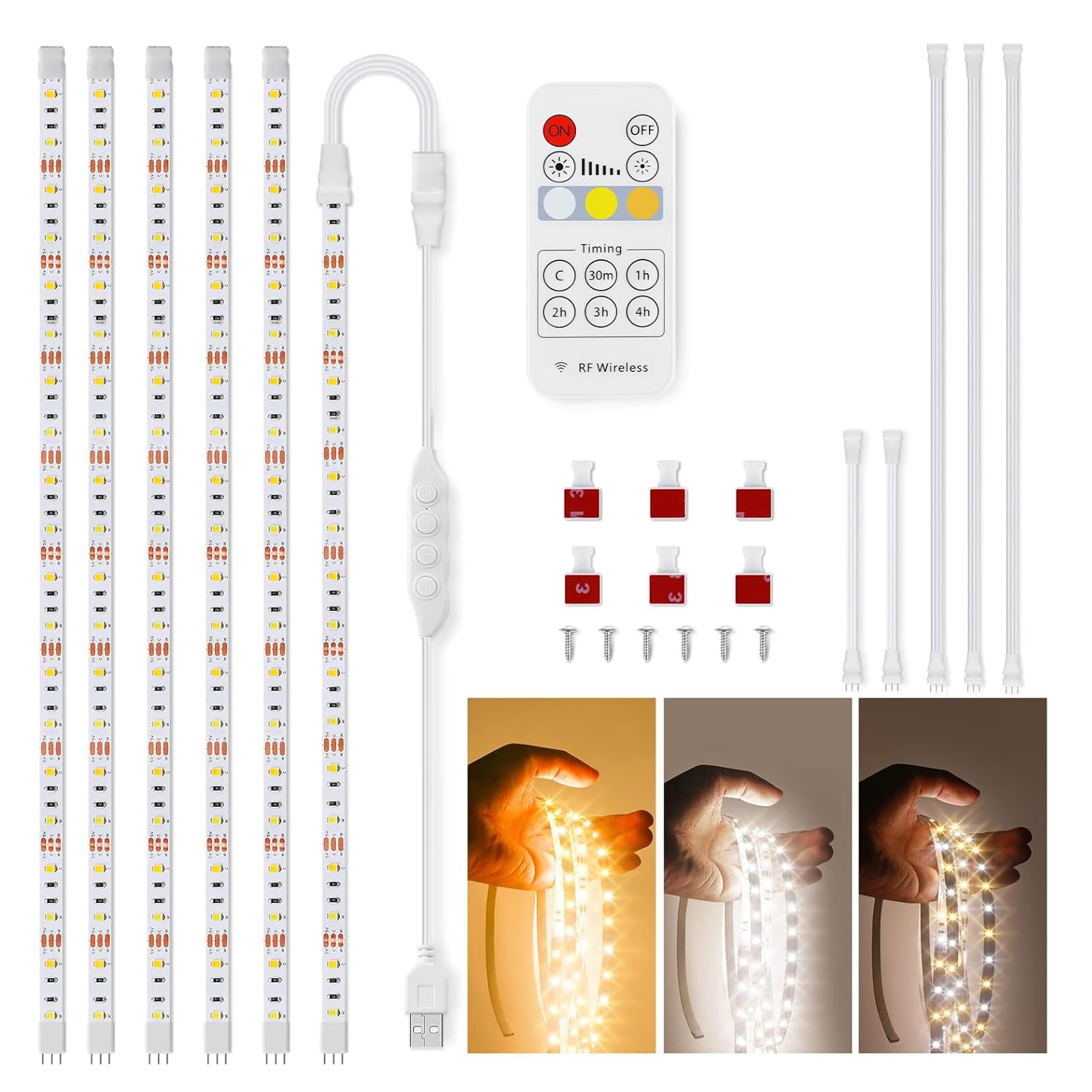 Auplf Warm White Led Strip, Under Cabinet Kitchen Lights Tunable White Cabinet Lights with RF Remote, 3000K-6000K Dimmable Strip Lights for Kitchen, Shelf, Counter, Mirror - 10Ft/3M 6PCS