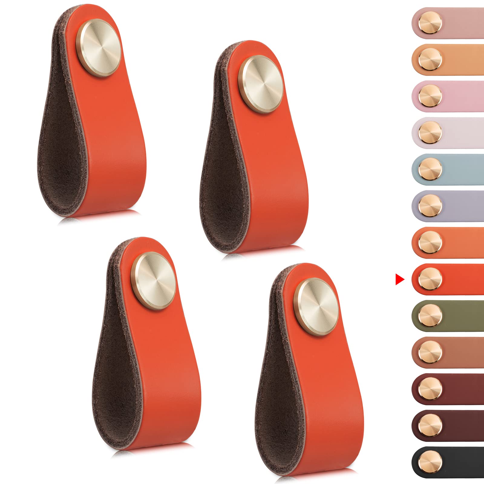 LEREATI 4pcs Leather Drawer Handles Drawer Knobs Kitchen Cupboard Handles, Leather Drawer Pulls for Cupboards, Wardrobe, Dresser, Closet (Orange, Single Hole)