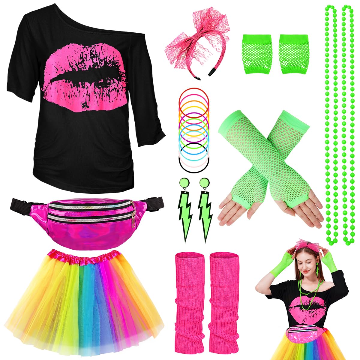 Photo 1 of WILDPARTY 80s Costume Accessories for Women, T-Shirt Tutu Fanny Pack Headband Earring Necklace Fishnet Gloves Legwarmers(Mashup-M)