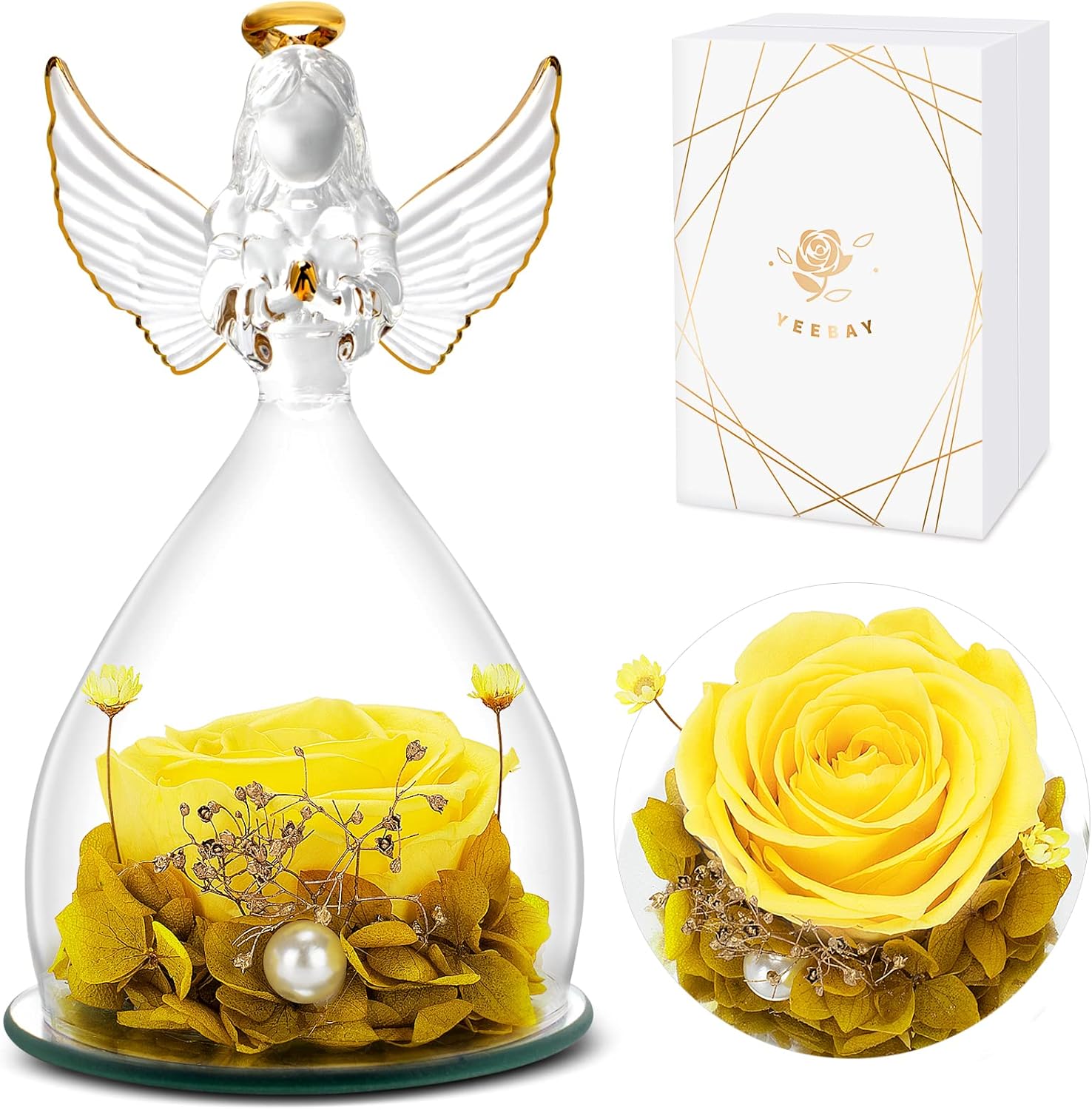 Dried & Preserved Flora - YEEBAY Birthday Gifts for Women, Preserved Flowers Gifts for Mom Wife Grandma, Angel Figurine with Rose, Ideal Birthday, Anniversary, Wedding, Valentine's Day, Christmas, Thanksgiving Day Gift for Her