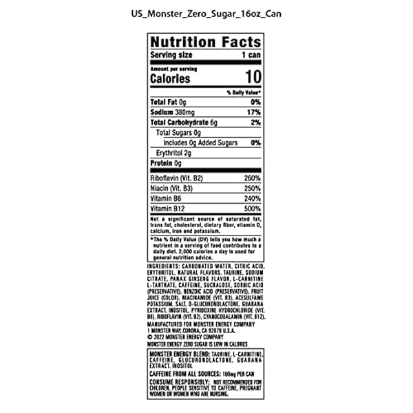 MONSTER ENERGY ZERO SUGAR, GREEN, ORIGINAL, LOW CALORIE ENERGY DRINK, 16 OUNCE (PACK OF 15)