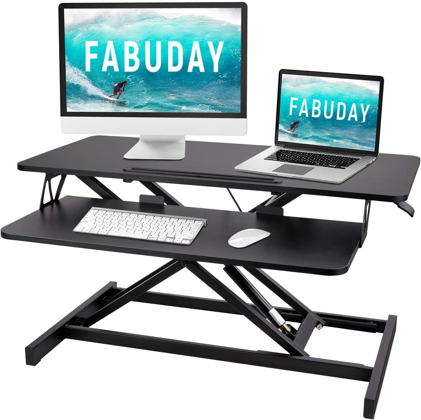 Height Adjustable 32'' Standing Desk Converter, Sit Stand Desk Risers for Standing or Sitting, Stand up Desk with Removable Keyboard Tray Ideal for Home Office, Black