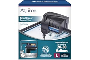 Aqueon SmartClean Power Filter with EcoRenew Filter Cartridge, Quick and Easy Water Changes, Quiet Operation, Adjustable Flow, for 20-30 Gallon Freshwater and Saltwater Aquariums, Large